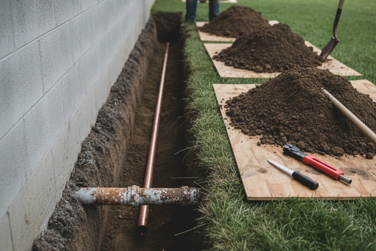 Excavated water line trench during Water Softener Installation in Buchanan Dam